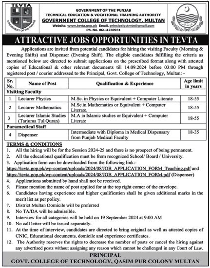 Govt College Of Technology Multan Apply Jobs 2024