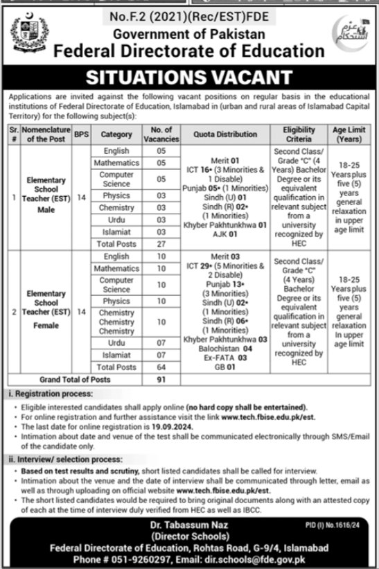 Federal Directorate Of Education FDE Apply Jobs 2024