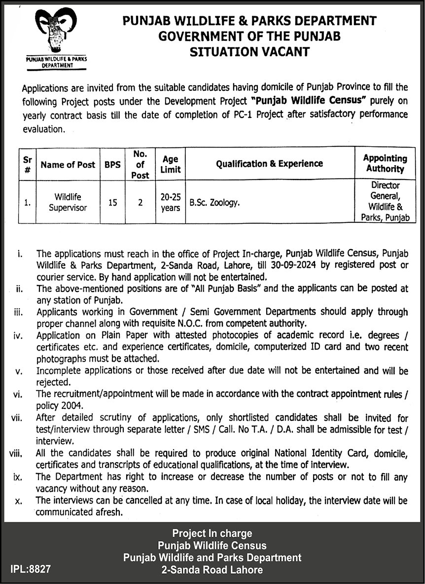 Punjab Wildlife Parks Department Apply Jobs 2024