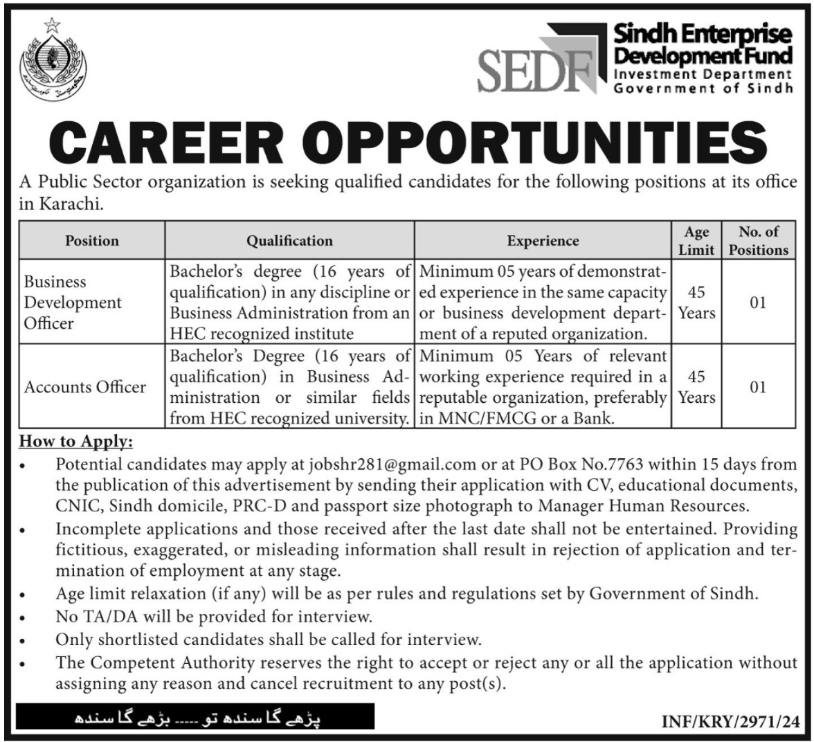 Sindh Enterprise Development Fund SEDF Karachi Jobs 2024