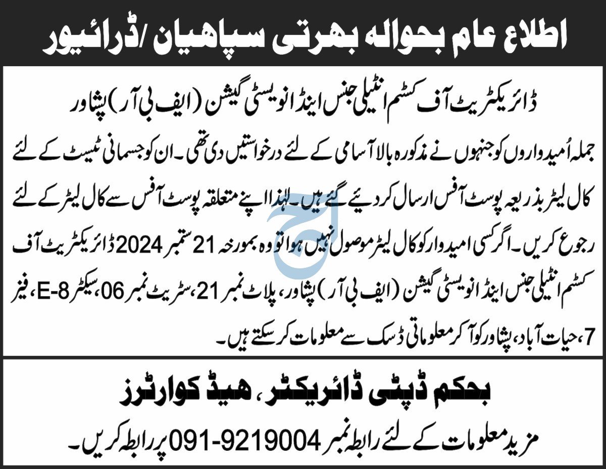 Customs Department Peshawar Jobs 2026