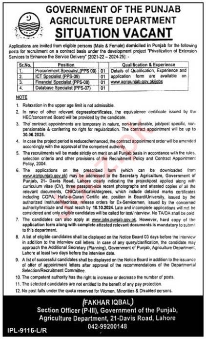 Latest Agriculture Department Lahore Jobs 2024