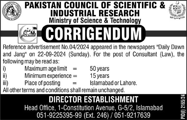 PCSIR Ministry Of Science Technology MoST Jobs 2024