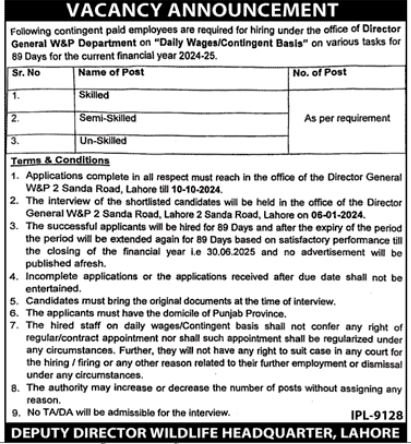 Wildlife Department Lahore Apply Jobs 2024