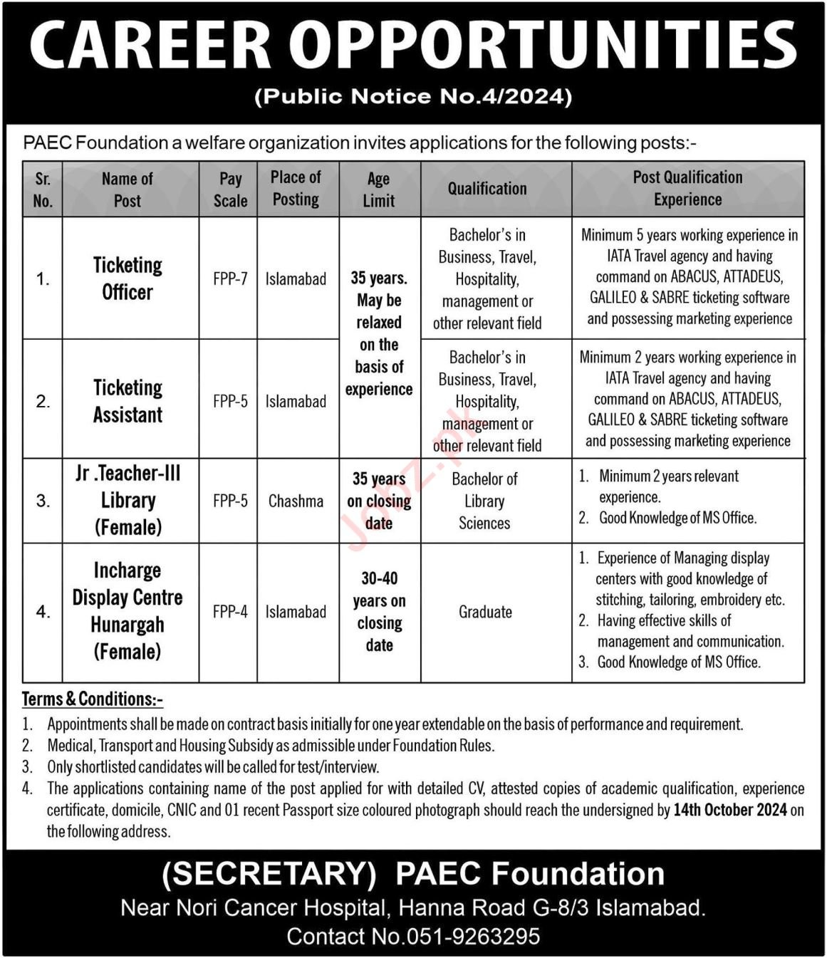 PAEC Foundation Islamabad Apply Jobs 2024